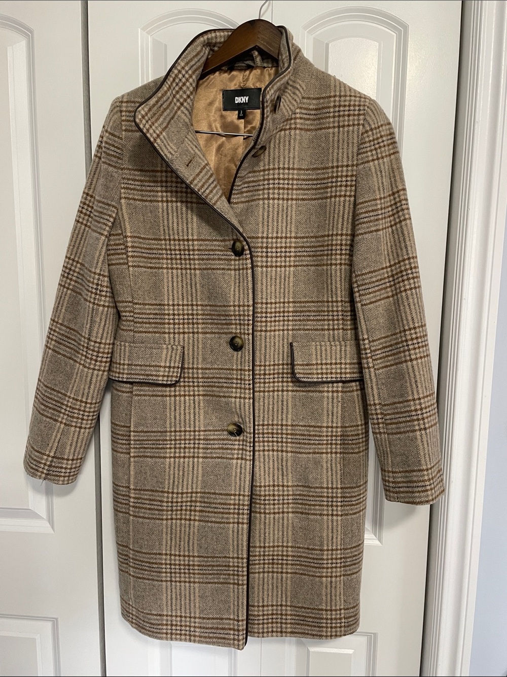 DKNY Beige Plaid Wool-Blend Pea Coat